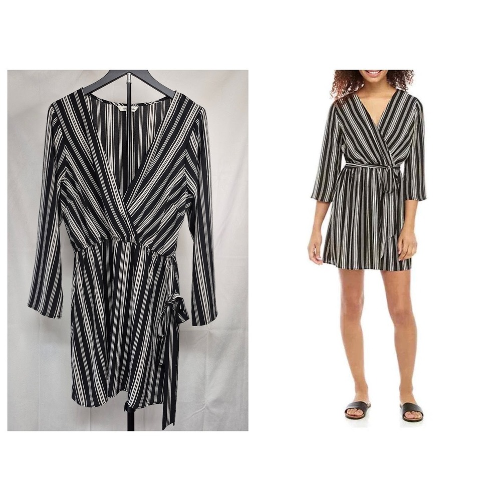 Speechless Black White Striped Wrap Mini Dress XL Long Sleeve V-Neck JA99313GUE